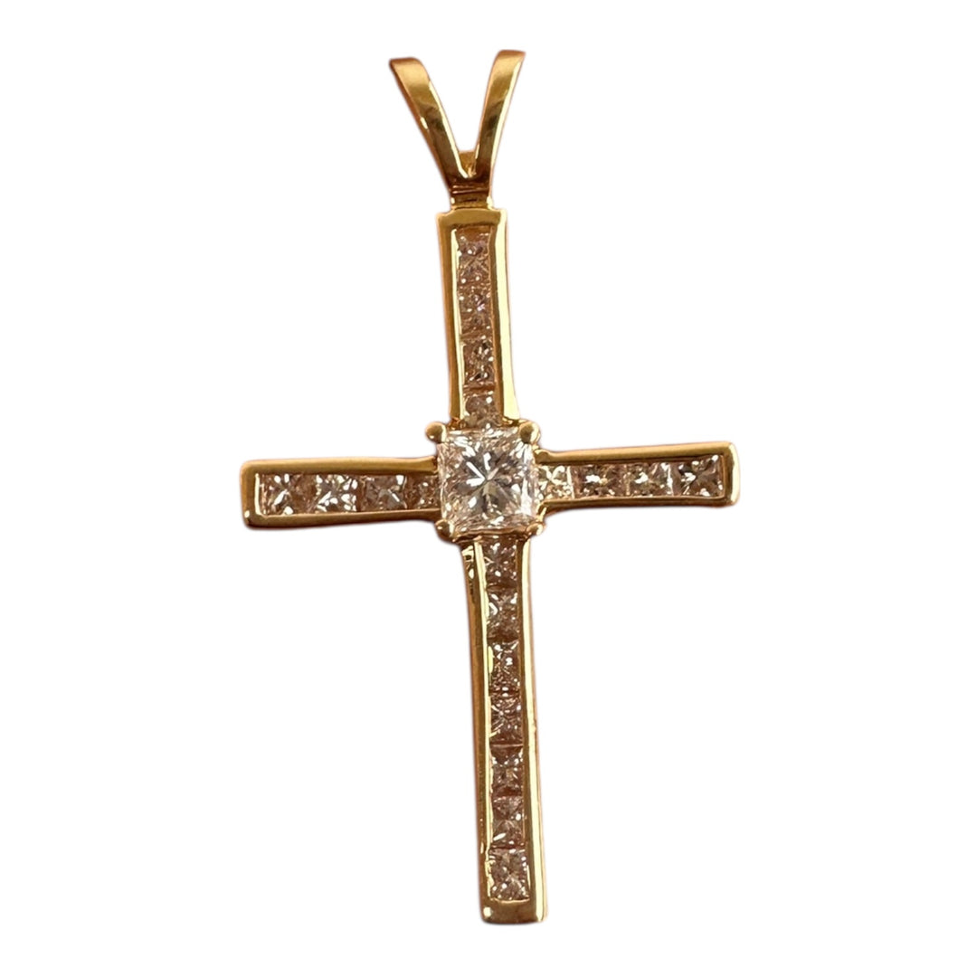 14 Karat Yellow Gold Princess .95ct Diamond Channel Cross 1-1/2”Length