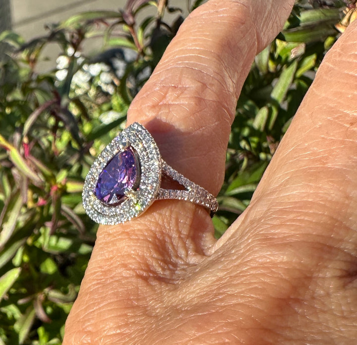 14 karat pear shaped Brazilian Amethyst diamond halo ring