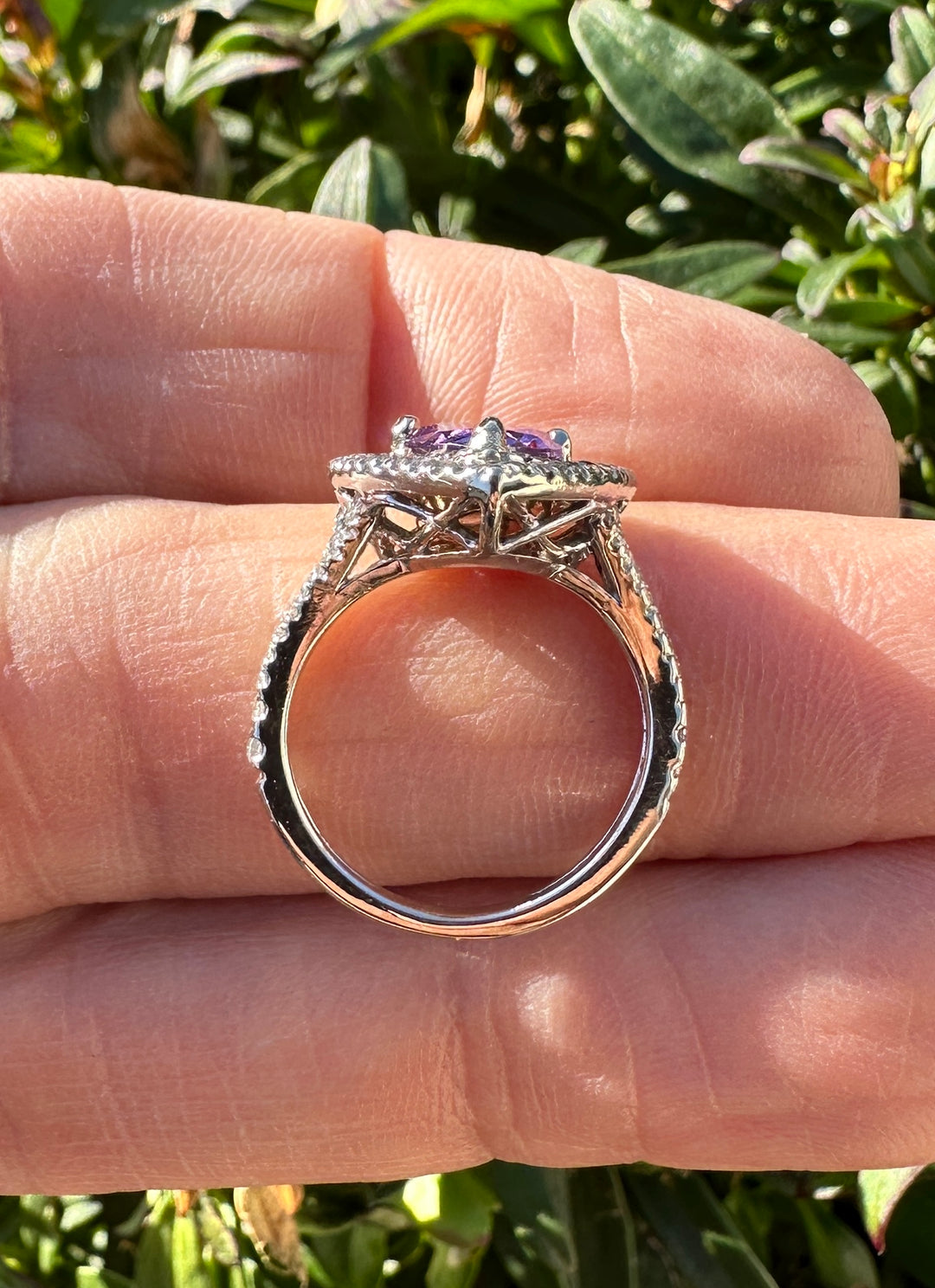 14 karat pear shaped Brazilian Amethyst diamond halo ring