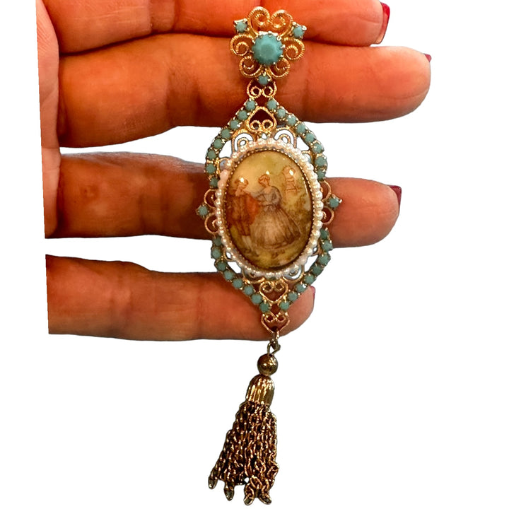 1800s Turquoise and Pearl Cameo Brooch Necklace
