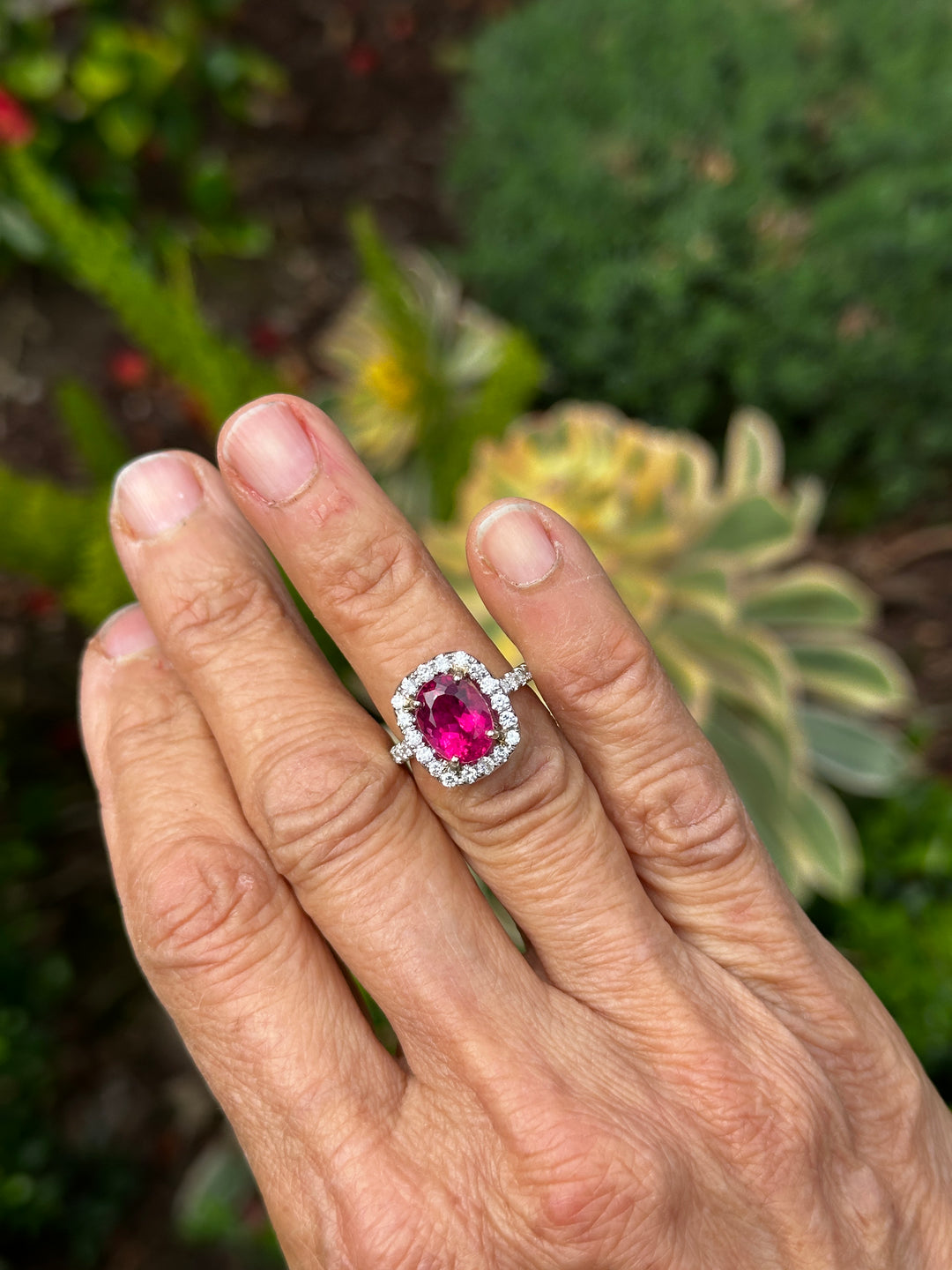 18 karat white gold, 6 carat pink tourmaline and diamond halo ring