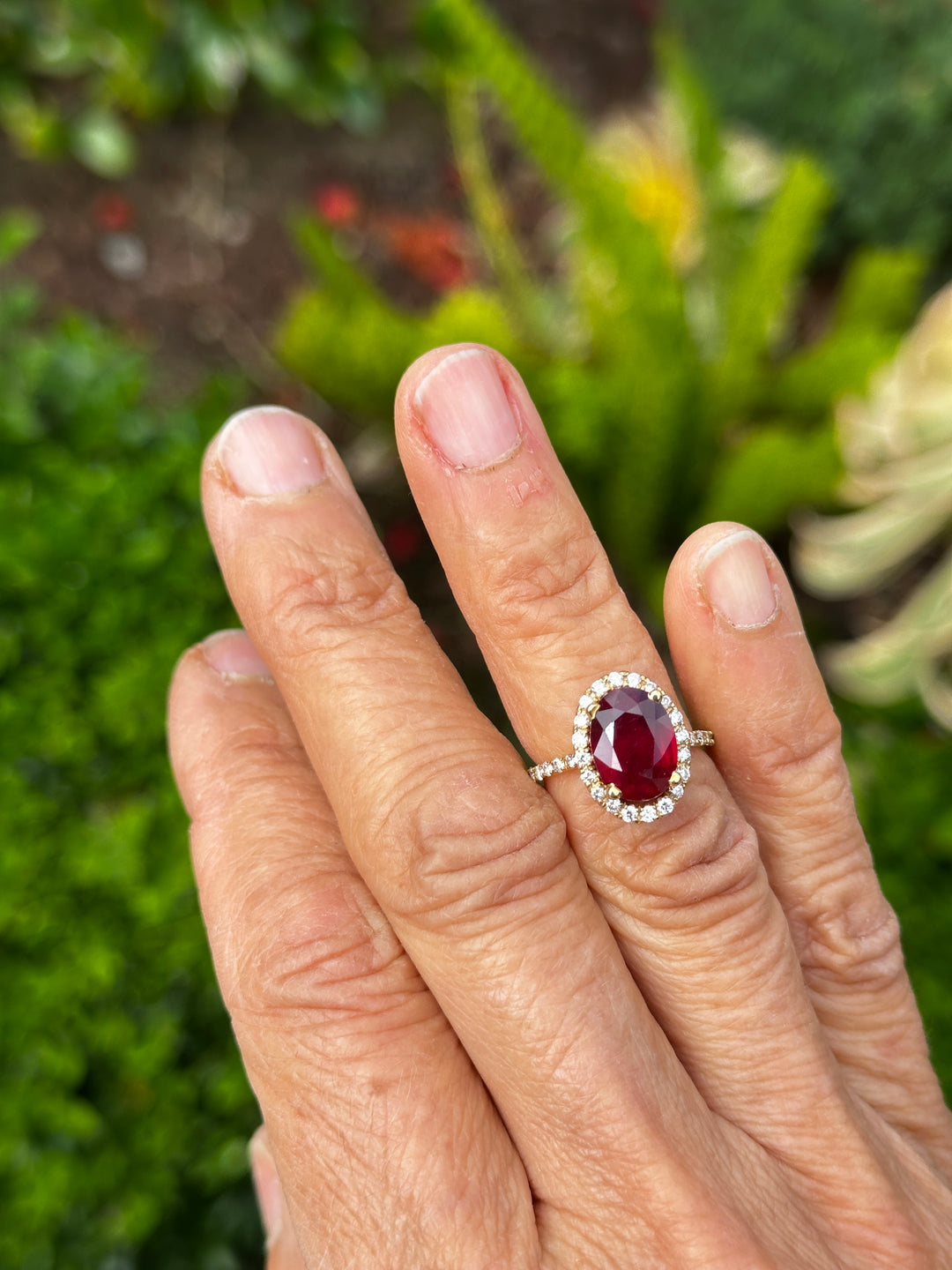 14 karat 3.93 carat red ruby halo ring