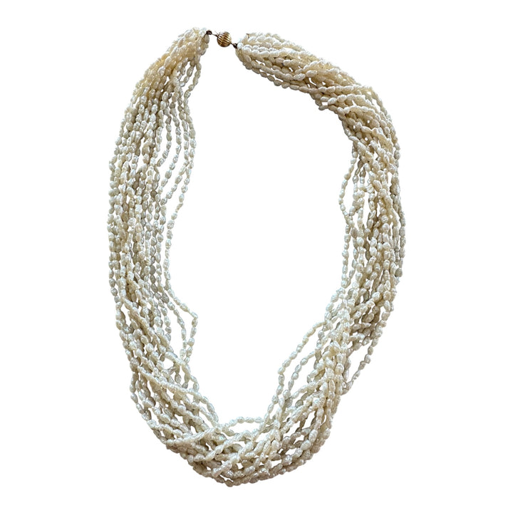 14 karat yellow gold multi strand 18 inch pearl necklace