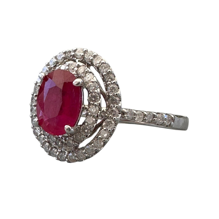 14kt White Gold 1.40 Carat Oval Ruby and Double Diamond Halo Cocktail Ring