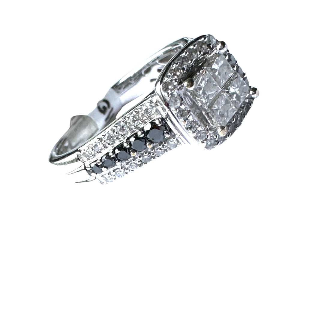 14K White Gold Princess-Cut Quad Diamond Halo Ring with Black Diamond Accents .75ctw