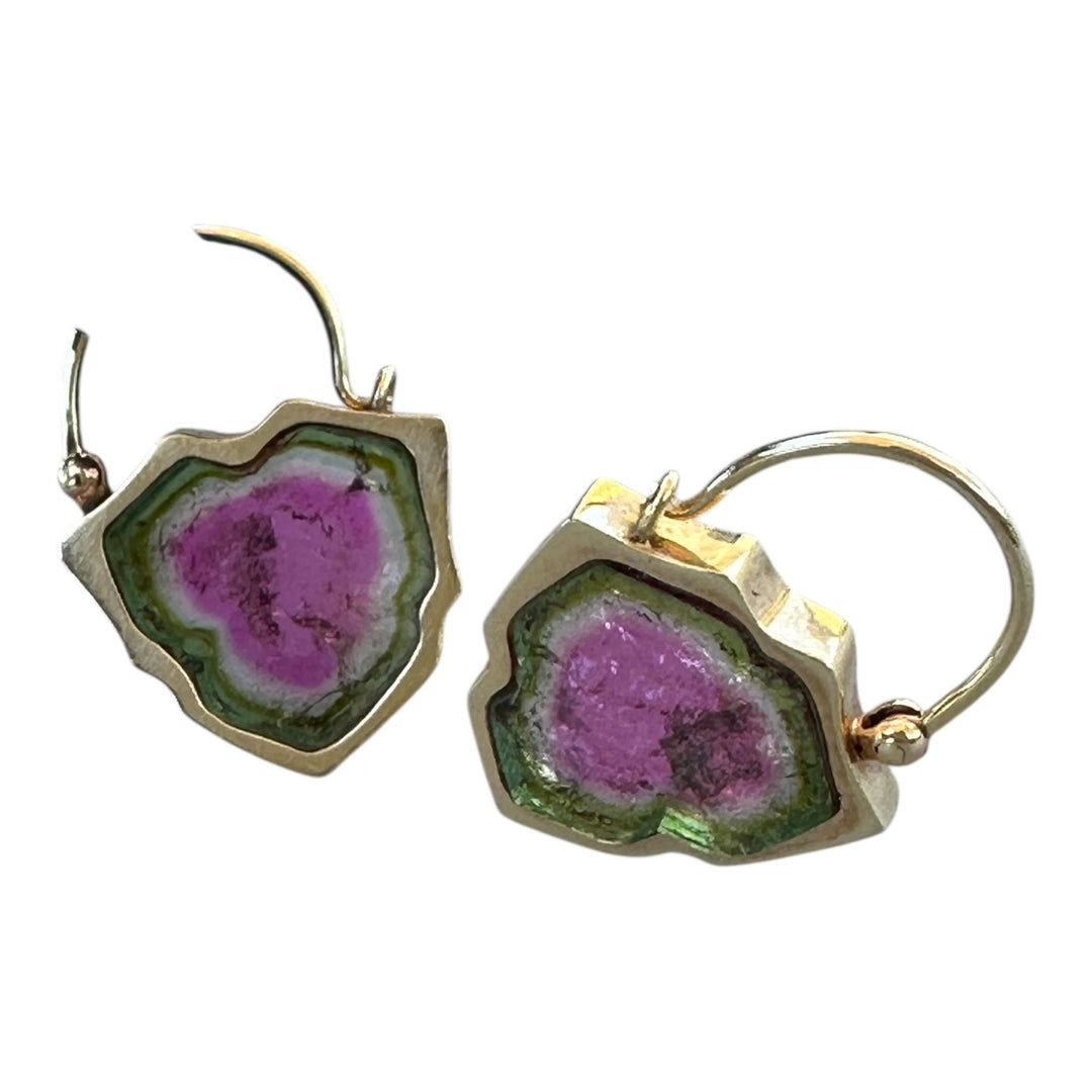 18K Solid Yellow Gold Diamond Accent 28CT Watermelon Tourmaline Slice Earrings