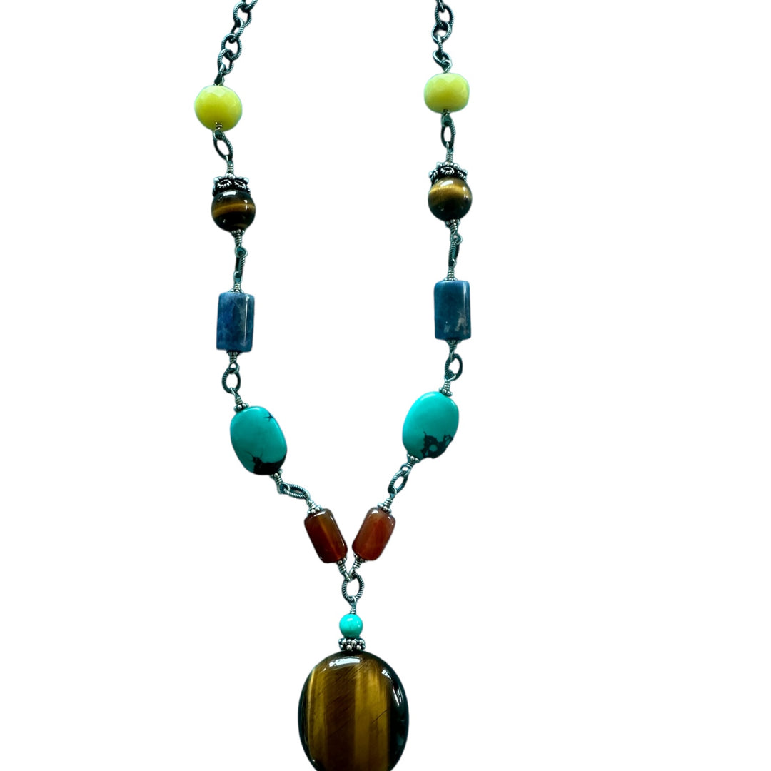 Bohemian Bead Necklace, Tiger Eye, Turquoise Gemstone, Sterling Silver ￼