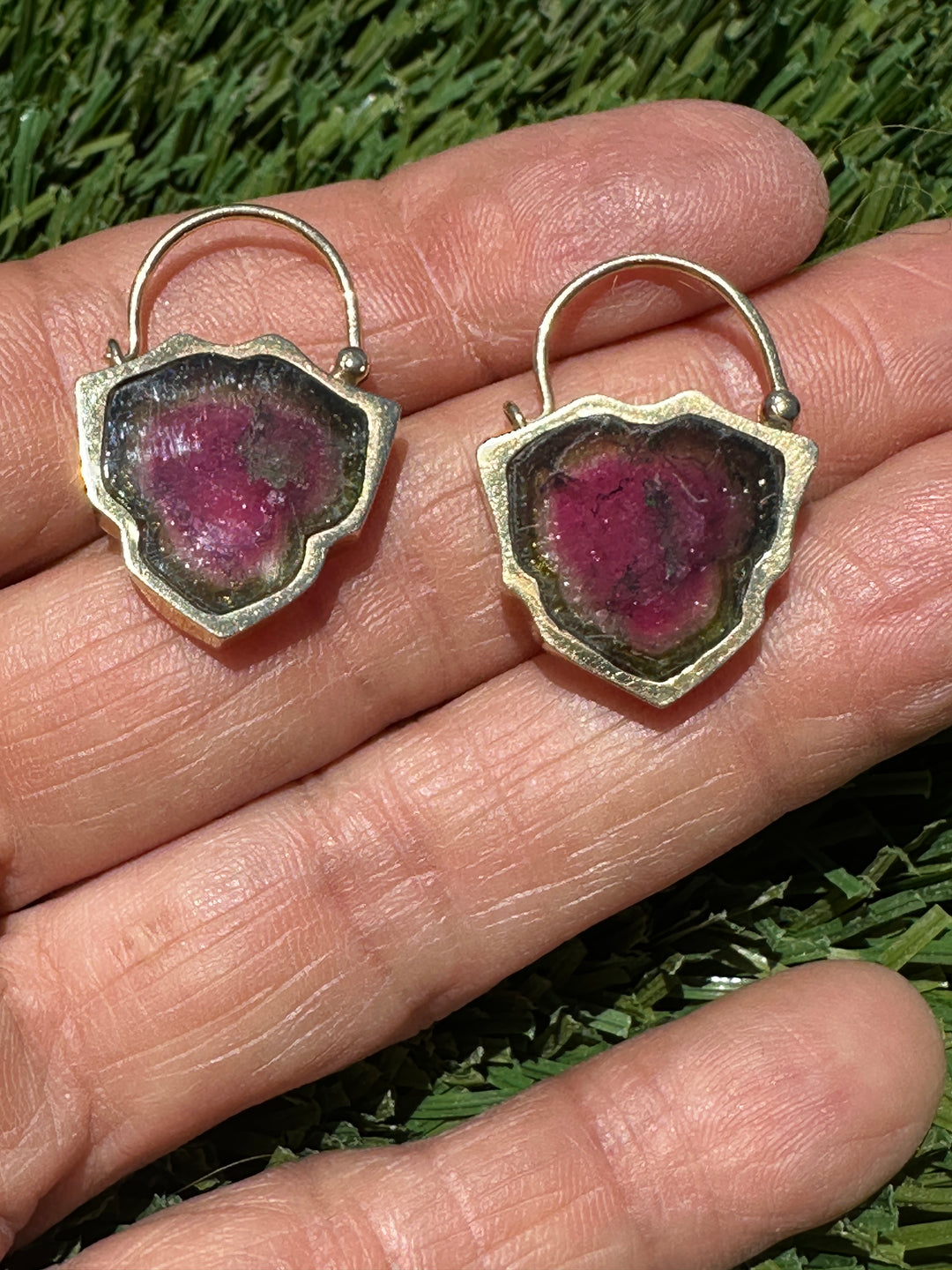 18K Solid Yellow Gold Diamond Accent 28CT Watermelon Tourmaline Slice Earrings