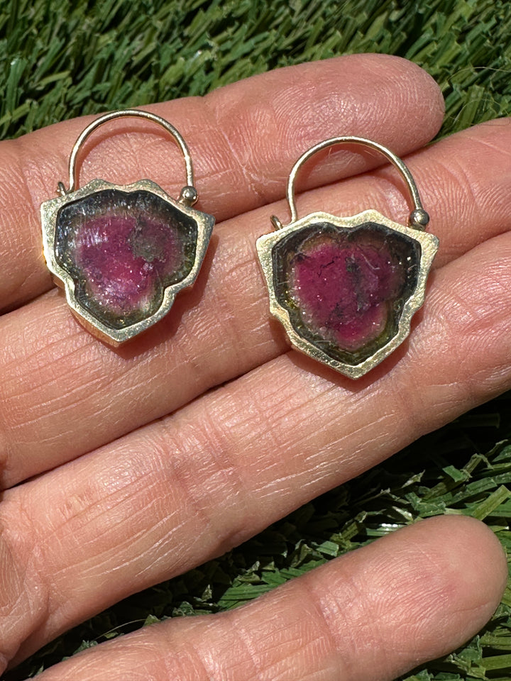 18K Solid Yellow Gold Diamond Accent 28CT Watermelon Tourmaline Slice Earrings