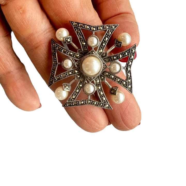 J.J. Gothic Sterling Pearl Cross Pin