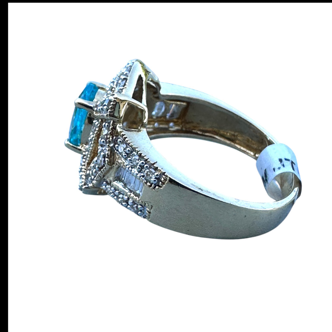 14 Karat Yellow Gold Paraiba Tourmaline Diamond Halo 1.30ctw Ring ￼