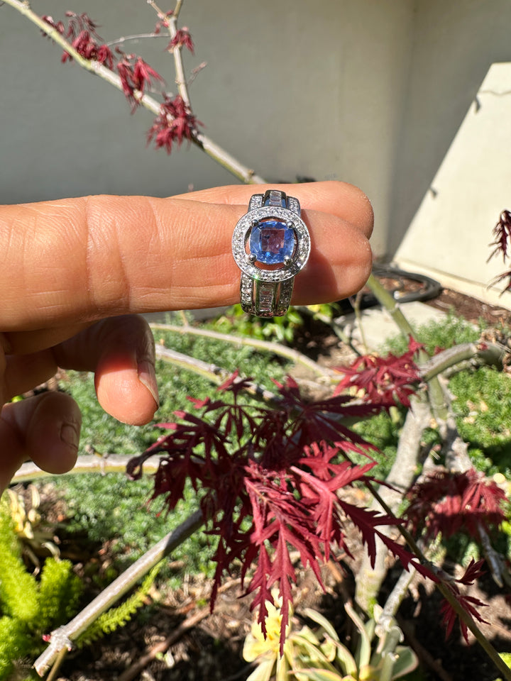 14 Karat White Gold 2.25TCW Blue Sapphire Halo Diamond and Baguette Ring