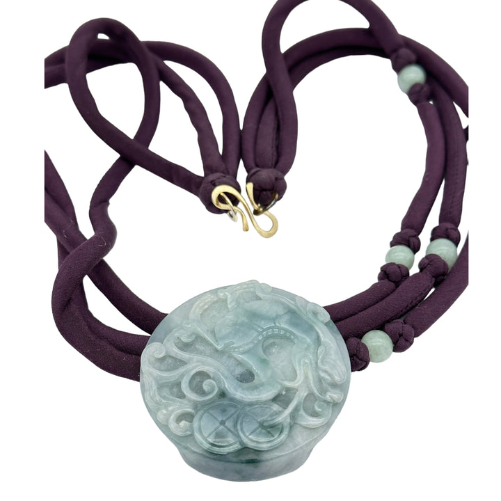 Carved Green Jade Disk on Beaded Purple Cord 24" Necklace