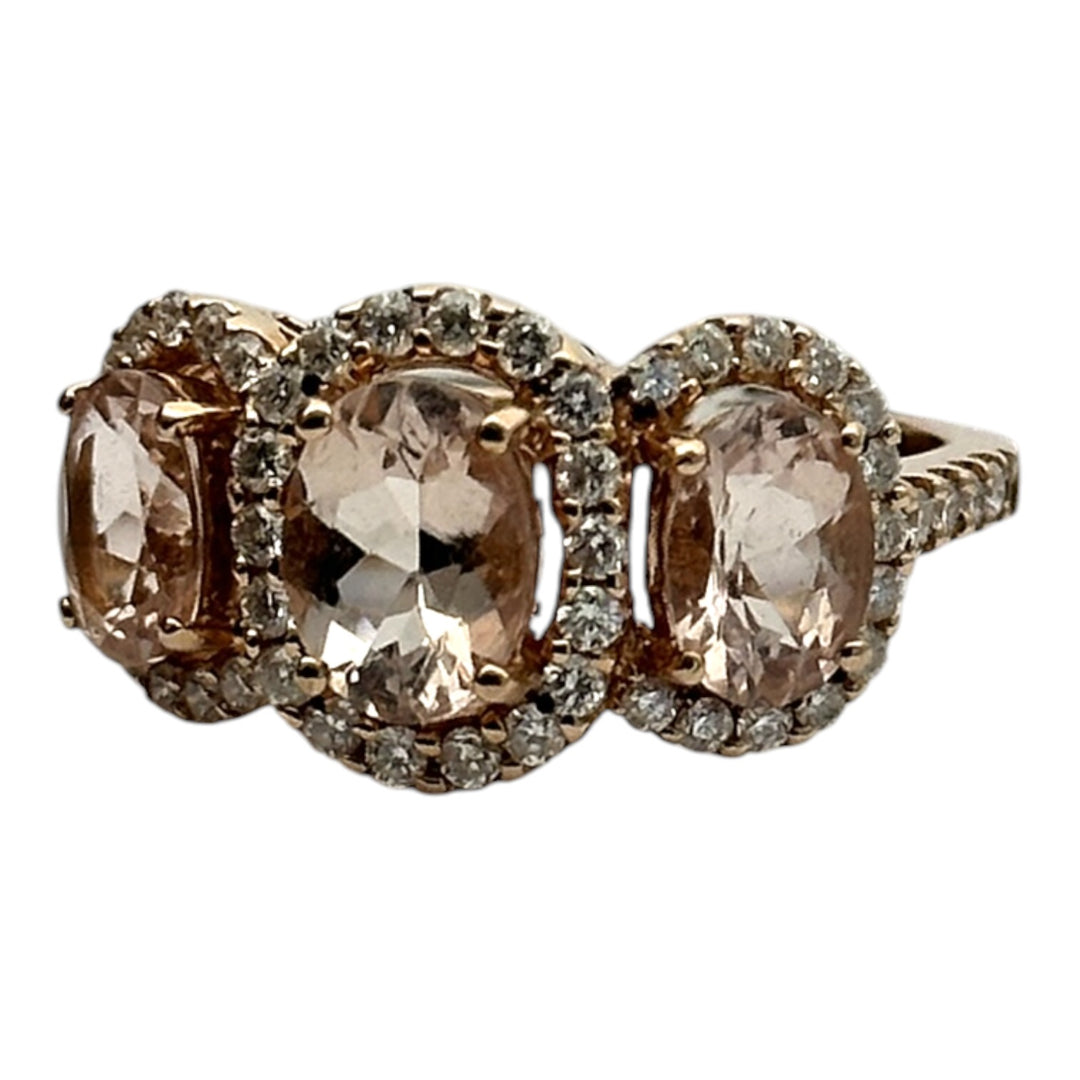 14 karat pink gold, 3-stone Morganite diamond halo ring