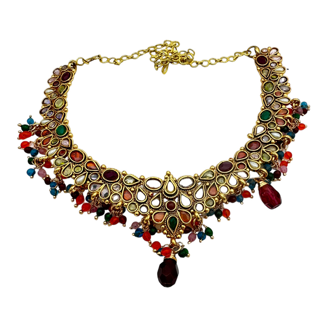 Egyptian Red Dangle, Jeweled Gem Necklace 24kt Yellow Gold Overlay