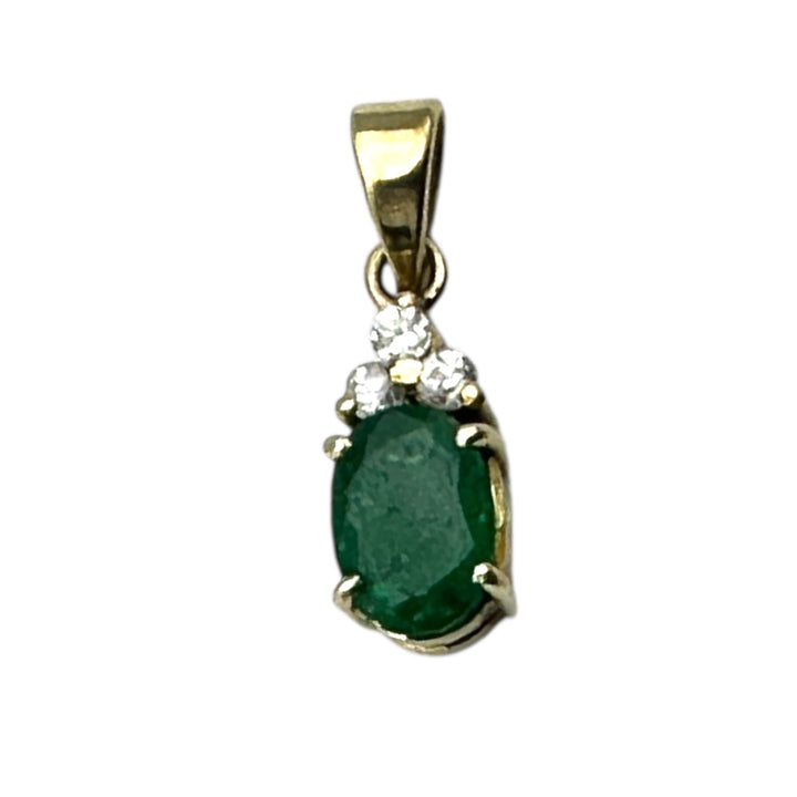 14 Karat 1.00 Carat Oval-Emerald and Diamond drop Pendant