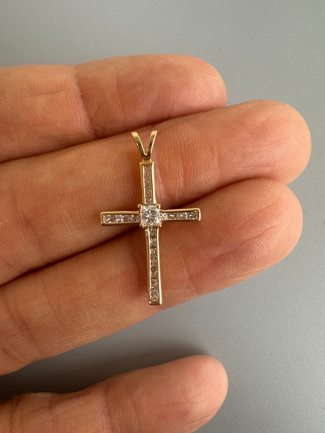 14 Karat Yellow Gold Princess .95ct Diamond Channel Cross 1-1/2”Length
