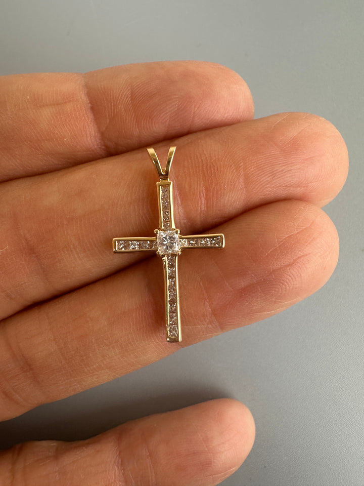 14 Karat Yellow Gold Princess .95ct Diamond Channel Cross 1-1/2”Length