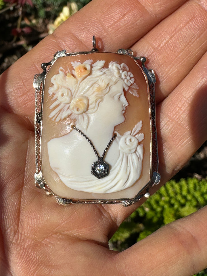 1800's Victorian Cameo with Diamond 14 Karat White Gold brooch pendant