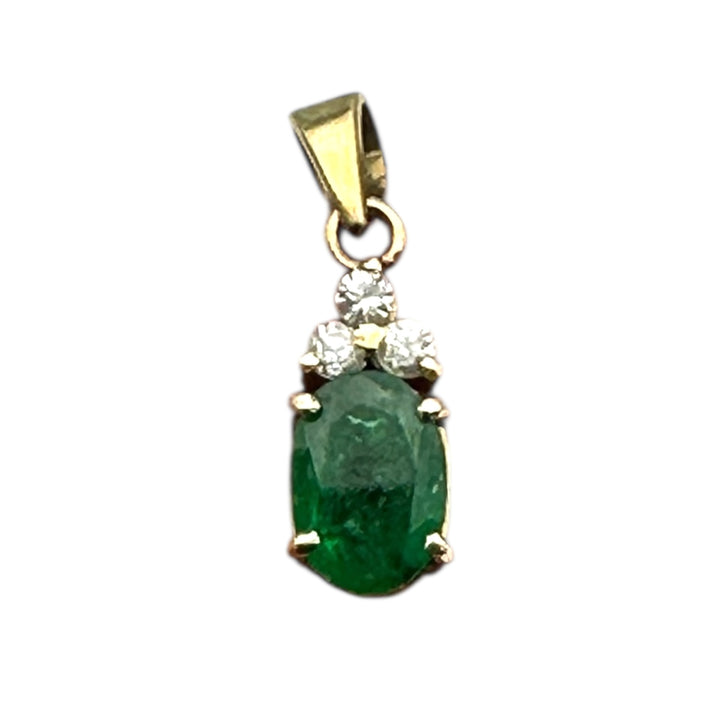 14 Karat 1.00 Carat Oval-Emerald and Diamond drop Pendant