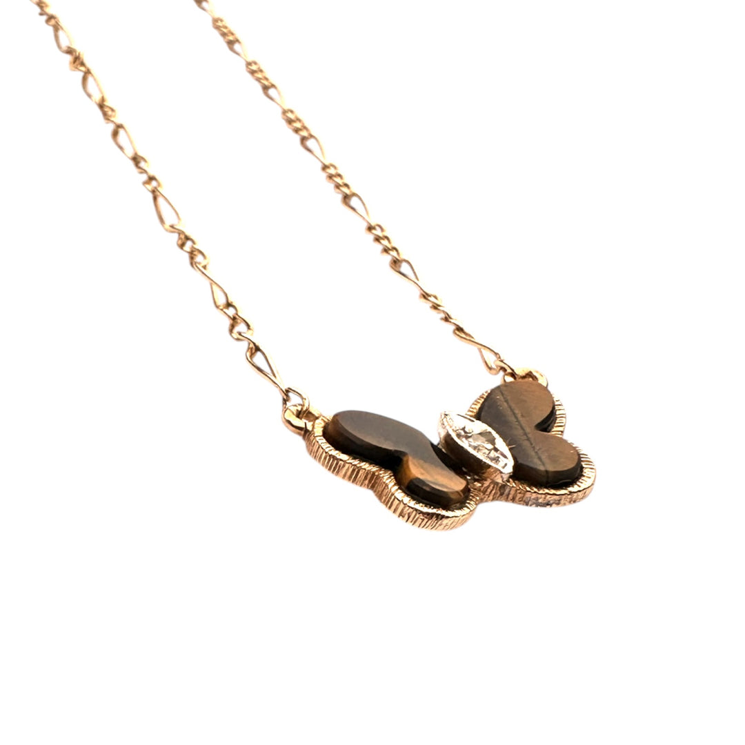 Mid-Century Inspired Yellow Gold, Tiger's Eye Butterfly Pendant Necklace