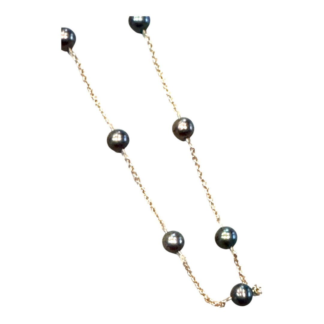 14K Yellow Gold 5.75mm Natural Black Akoya Pearl Chain Necklace AAA Iridescent
