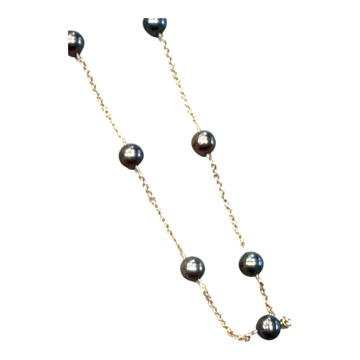14K Yellow Gold 5.75mm Natural Black Akoya Pearl Chain Necklace AAA Iridescent