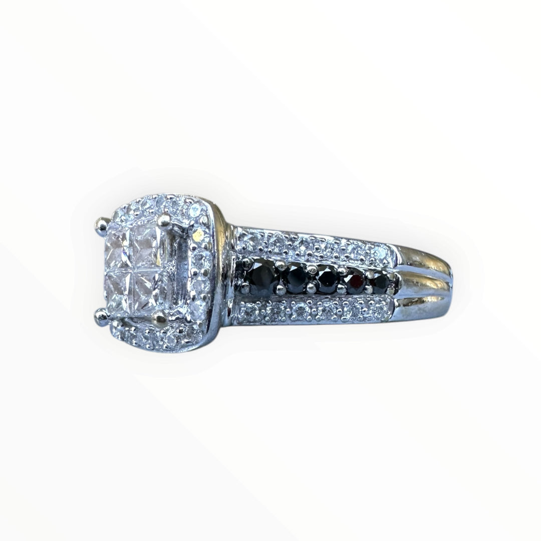 14K White Gold Princess-Cut Quad Diamond Halo Ring with Black Diamond Accents .75ctw
