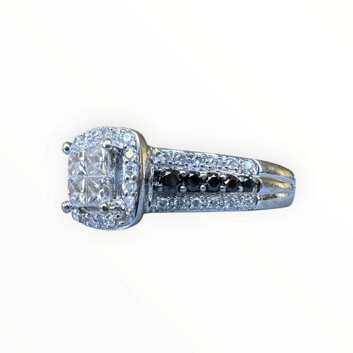 14K White Gold Princess-Cut Quad Diamond Halo Ring with Black Diamond Accents .75ctw