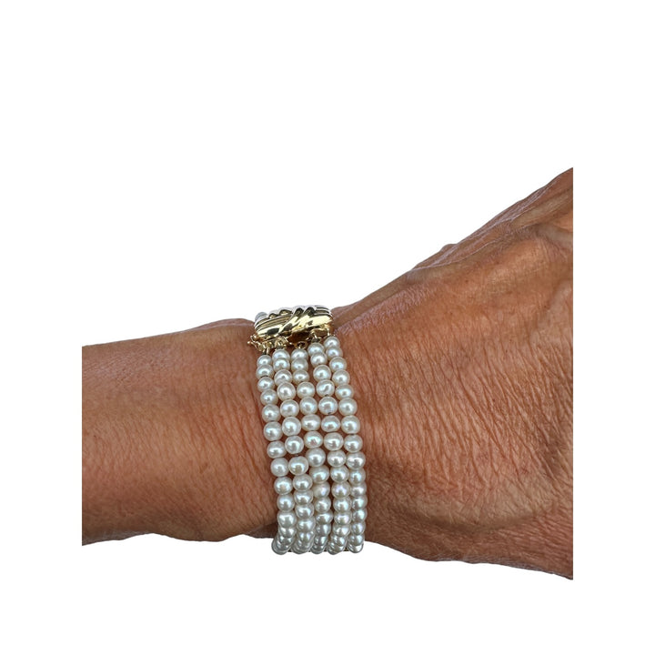 Vintage 14K Yellow Gold Five-Strand Grey Pearl Cuff Bracelet