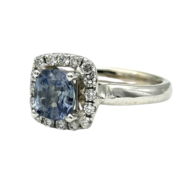 14 Karat Cushion-Cut, Sri Lanka Sapphire Diamond Halo Ring