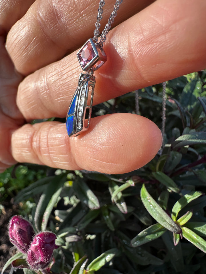 14 karat Opal, tourmaline, and diamond pendant with chain