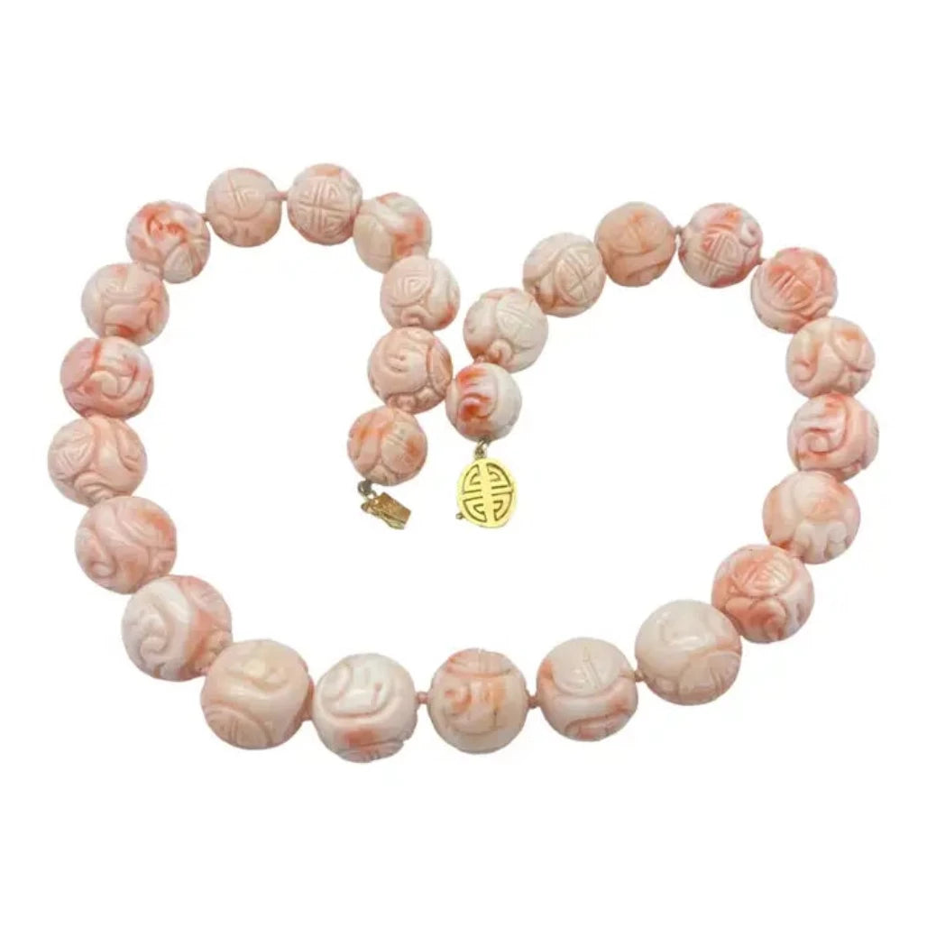 14Karat Angel Skin Coral Individually Carved Bead 18" Necklace Artistry