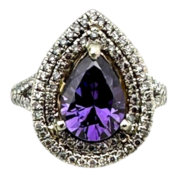 14 karat pear shaped Brazilian Amethyst diamond halo ring
