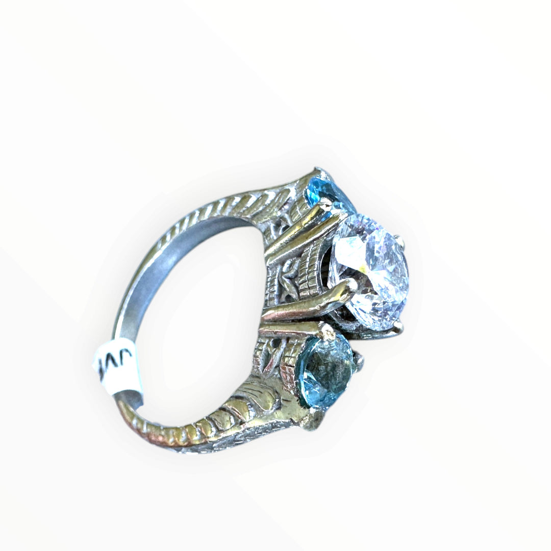 14 Karat White Gold, Three Stone Neon Apetite Etched Engraved Ring
