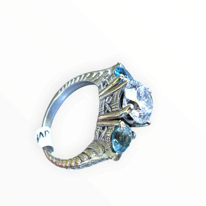 14 Karat White Gold, Three Stone Neon Apetite Etched Engraved Ring