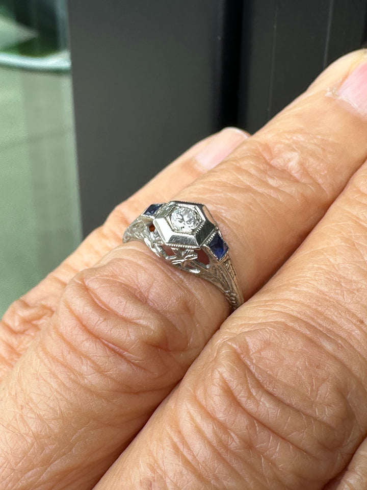 Antique Art Deco 18K White Gold Hexagonal Diamond & Sapphire Engagement Ring .45ctw