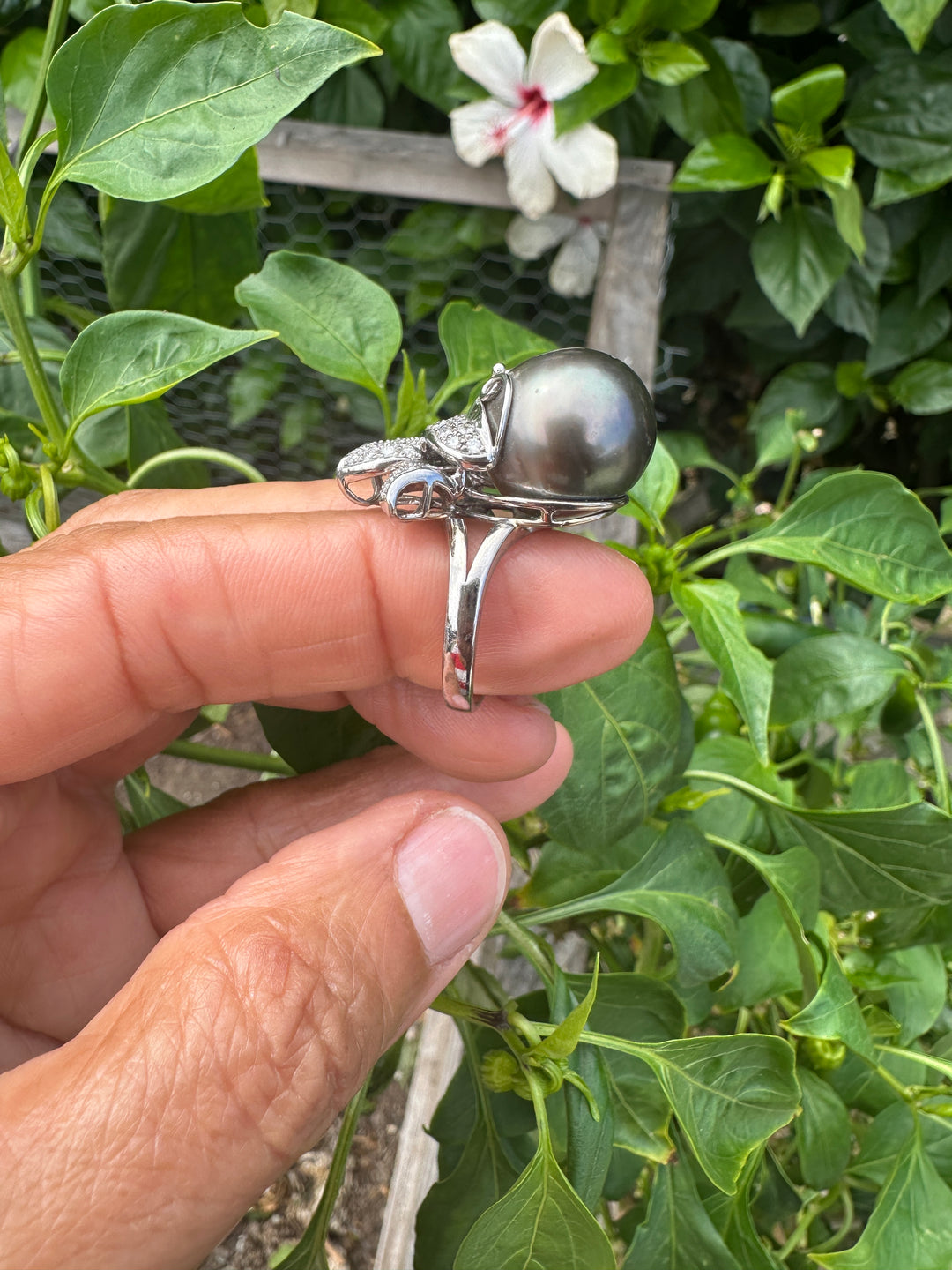 AAA Diamond and Tahitian 14mm Pearl Ring 1.50 ct