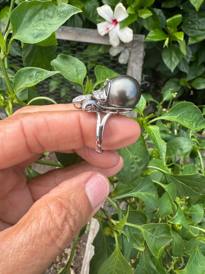 AAA Diamond and Tahitian 14mm Pearl Ring 1.50 ct