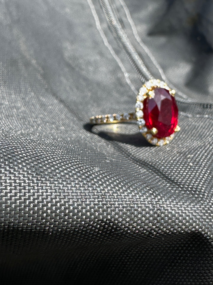 14 karat 3.93 carat red ruby halo ring