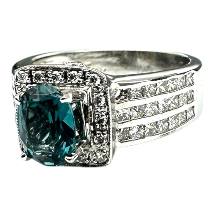 London, Blue Topaz Diamond Halo Princess 2.50ctw Wide Band Ring