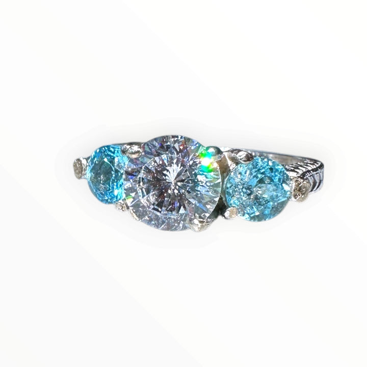 14 Karat White Gold, Three Stone Neon Apetite Etched Engraved Ring