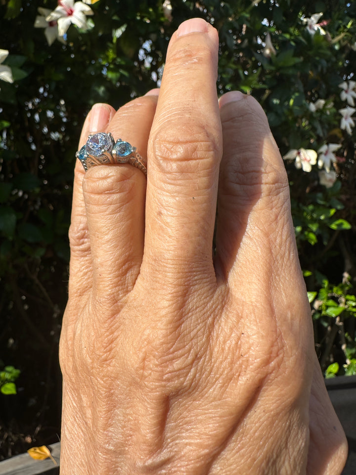 14 Karat White Gold, Three Stone Neon Apetite Etched Engraved Ring