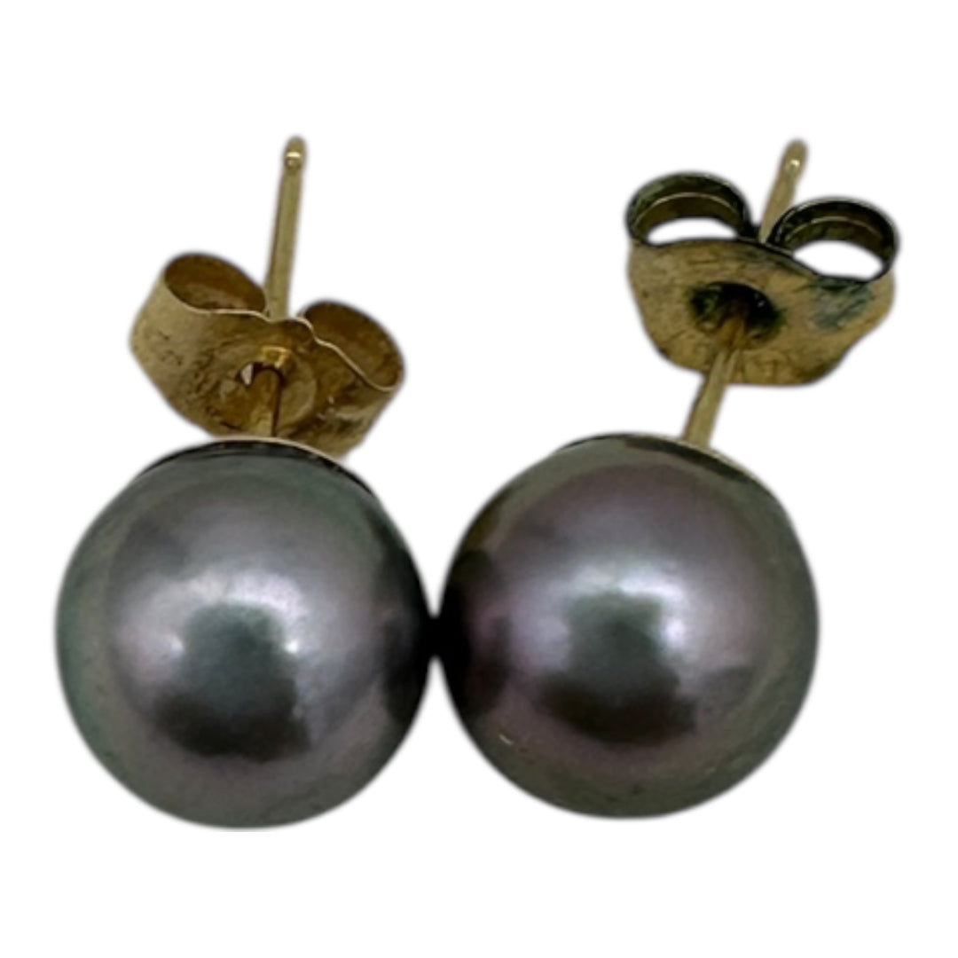 14 karat, gold 7 mm Akoya, gray cultured pearls earrings studs AAA quality￼