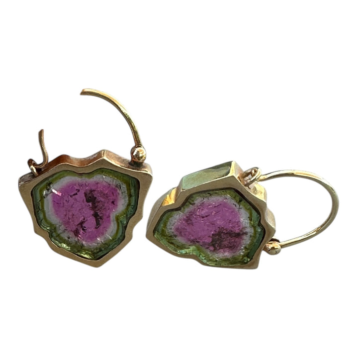 18K Solid Yellow Gold Diamond Accent 28CT Watermelon Tourmaline Slice Earrings