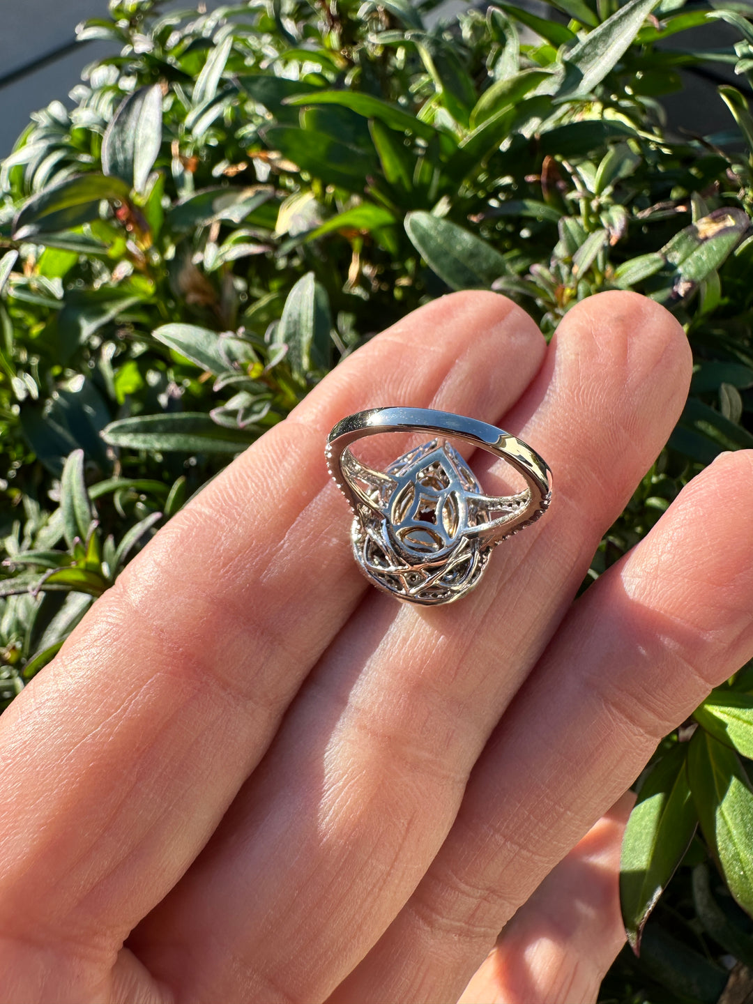 14 karat pear shaped Brazilian Amethyst diamond halo ring