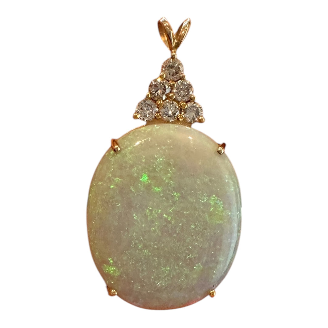 14 karat yellow gold, 22 carat Australian opal .60 karat diamond pendant