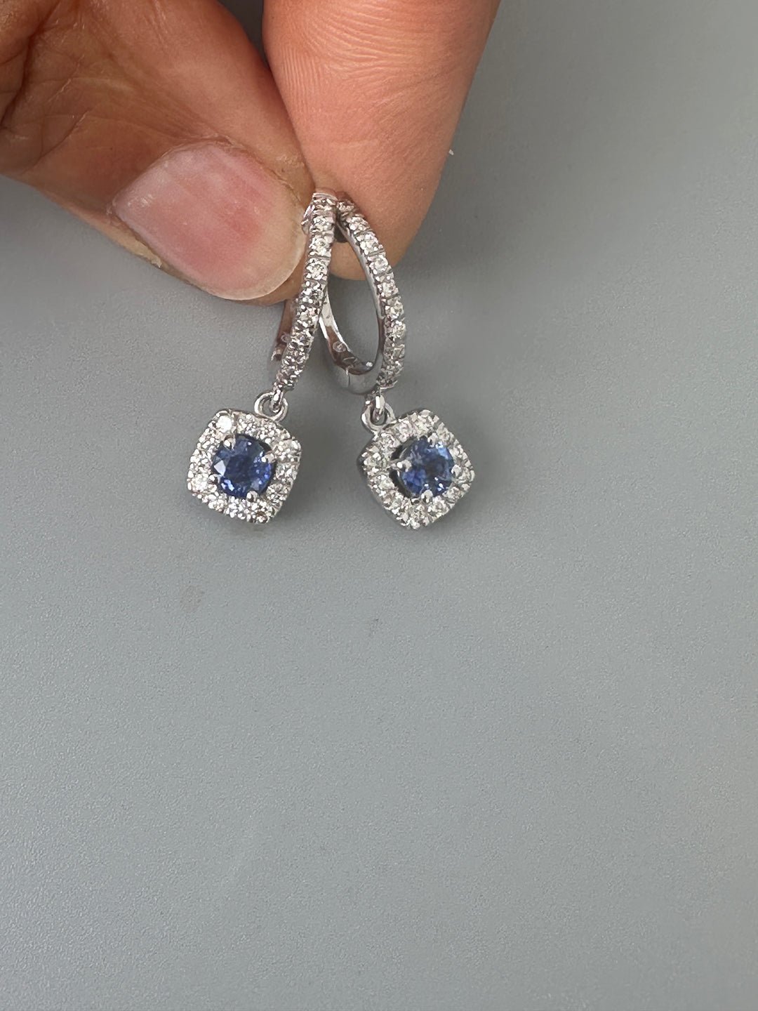 14 karat 2.00 carat sapphire, and diamond halo huggy earrings