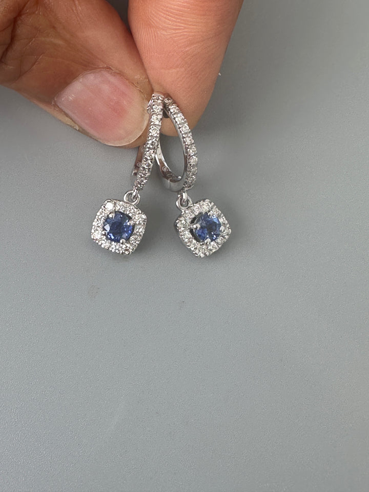 14 karat 2.00 carat sapphire, and diamond halo huggy earrings