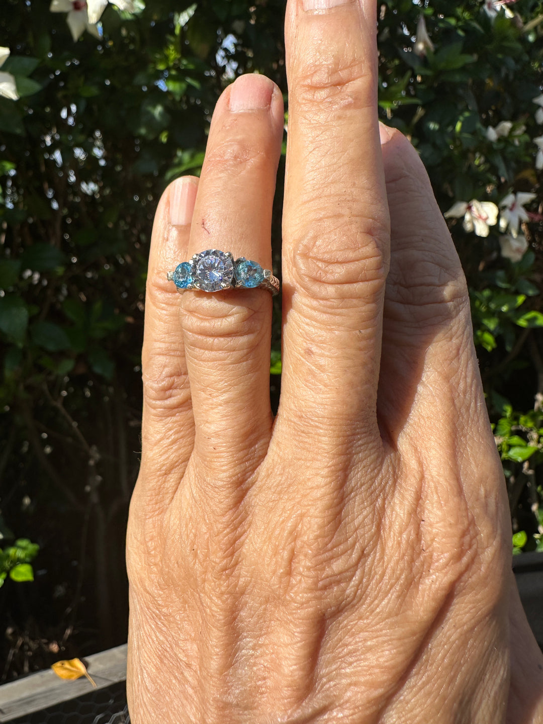 14 Karat White Gold, Three Stone Neon Apetite Etched Engraved Ring